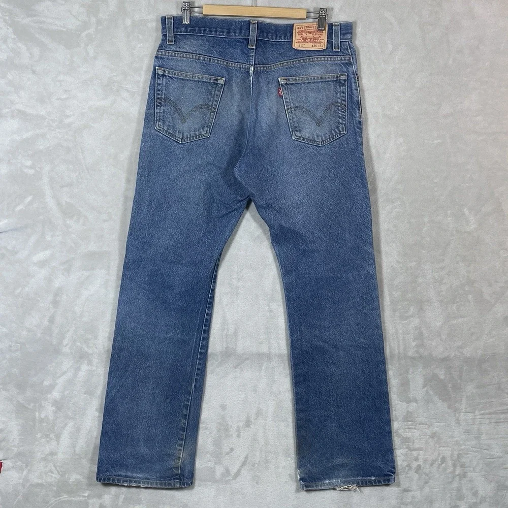 Vtg Y2K Levis 517 Jeans Mens 36x34 Whisker Fade Distressed Mid Wash Bootcut